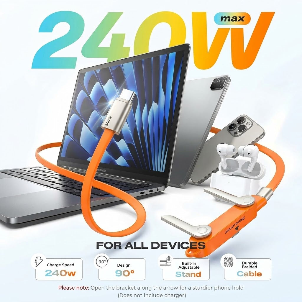 240W Ultra-Fast Charging 2-in-1 Cable | Detachable Foldable Stand | USB-C & Lightning Compatible