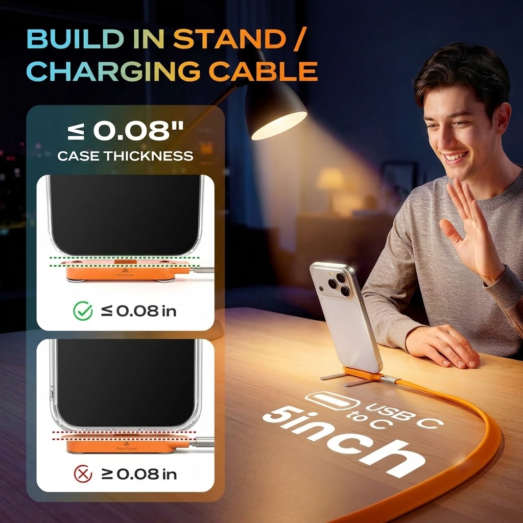 240W Ultra-Fast Charging 2-in-1 Cable | Detachable Foldable Stand | USB-C & Lightning Compatible