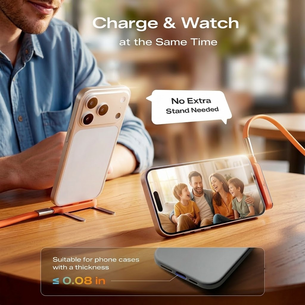 240W Ultra-Fast Charging 2-in-1 Cable | Detachable Foldable Stand | USB-C & Lightning Compatible