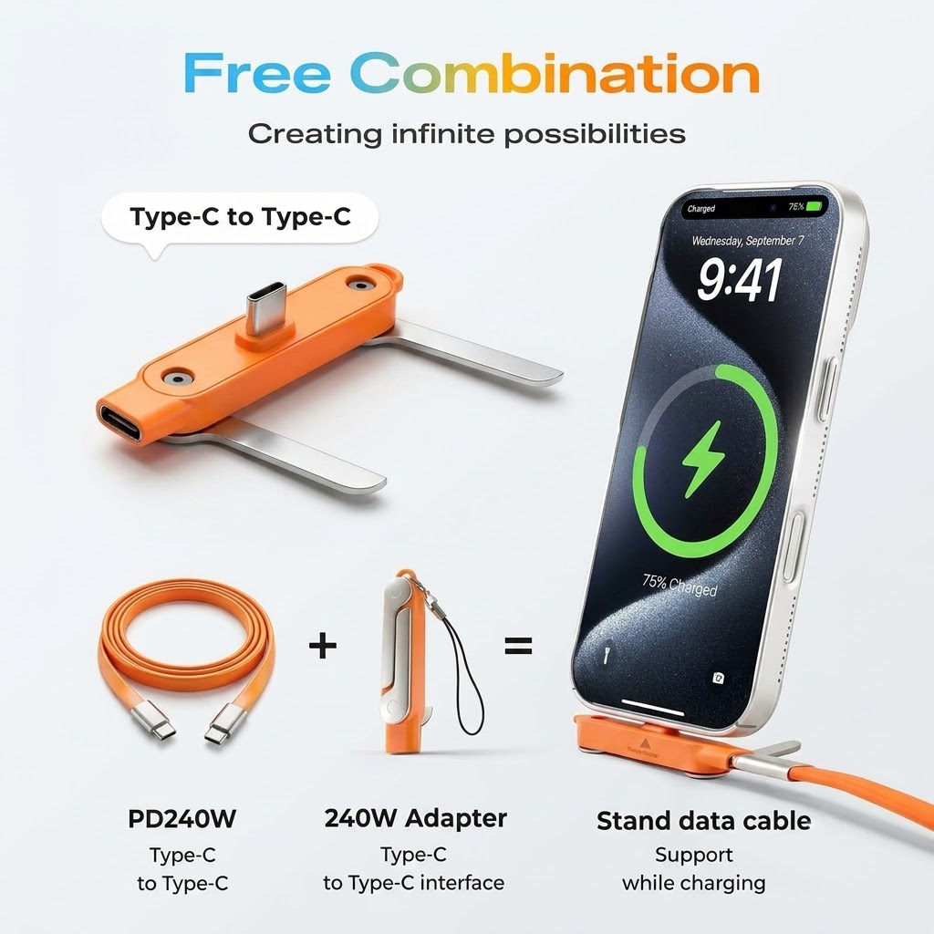 240W Ultra-Fast Charging 2-in-1 Cable | Detachable Foldable Stand | USB-C & Lightning Compatible