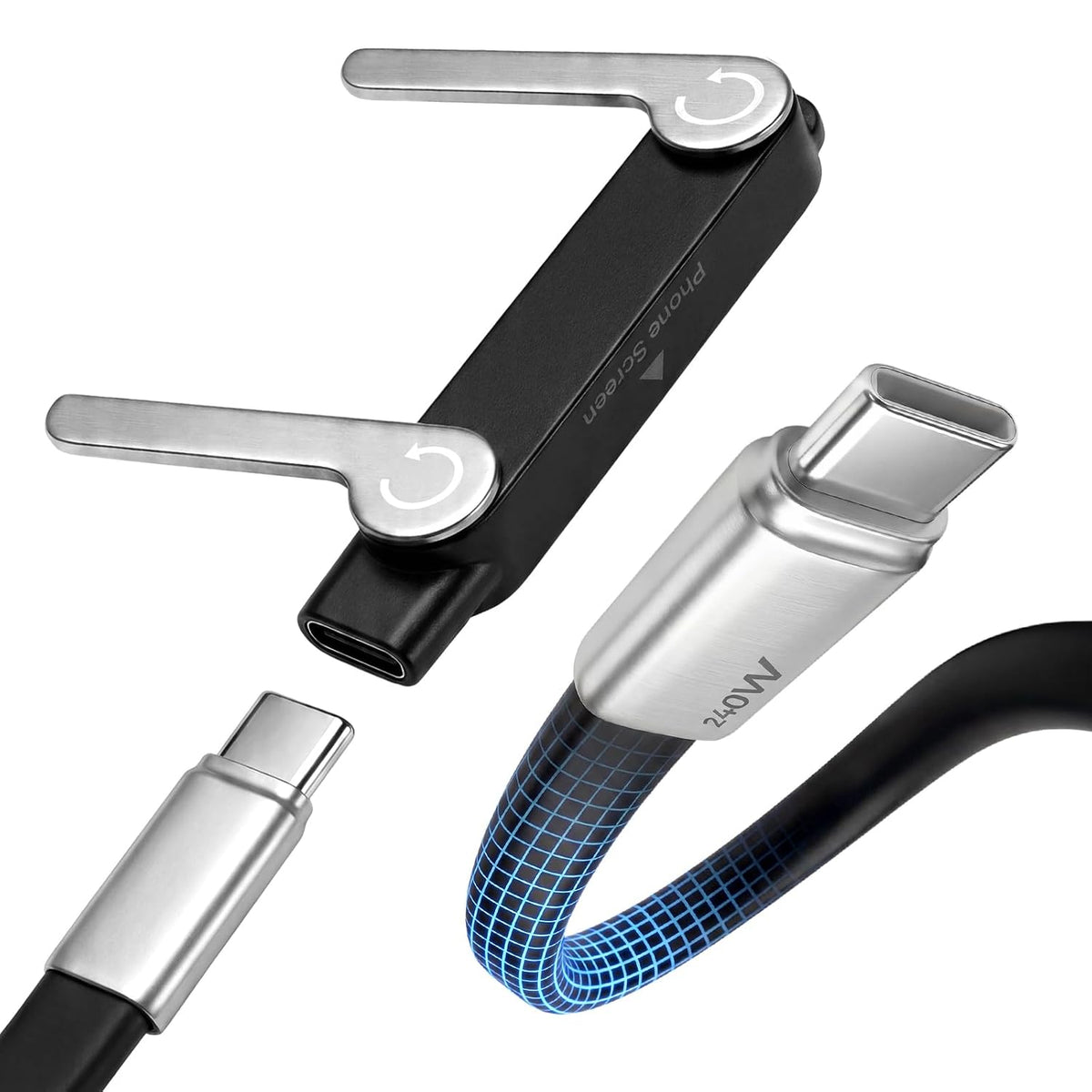 240W Ultra-Fast Charging 2-in-1 Cable | Detachable Foldable Stand | USB-C & Lightning Compatible
