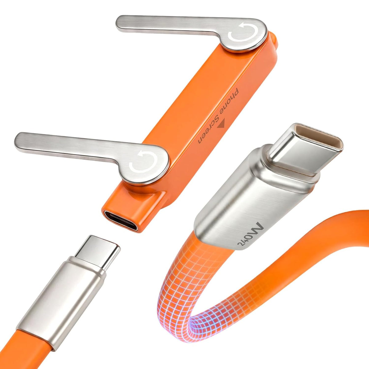240W Ultra-Fast Charging 2-in-1 Cable | Detachable Foldable Stand | USB-C & Lightning Compatible