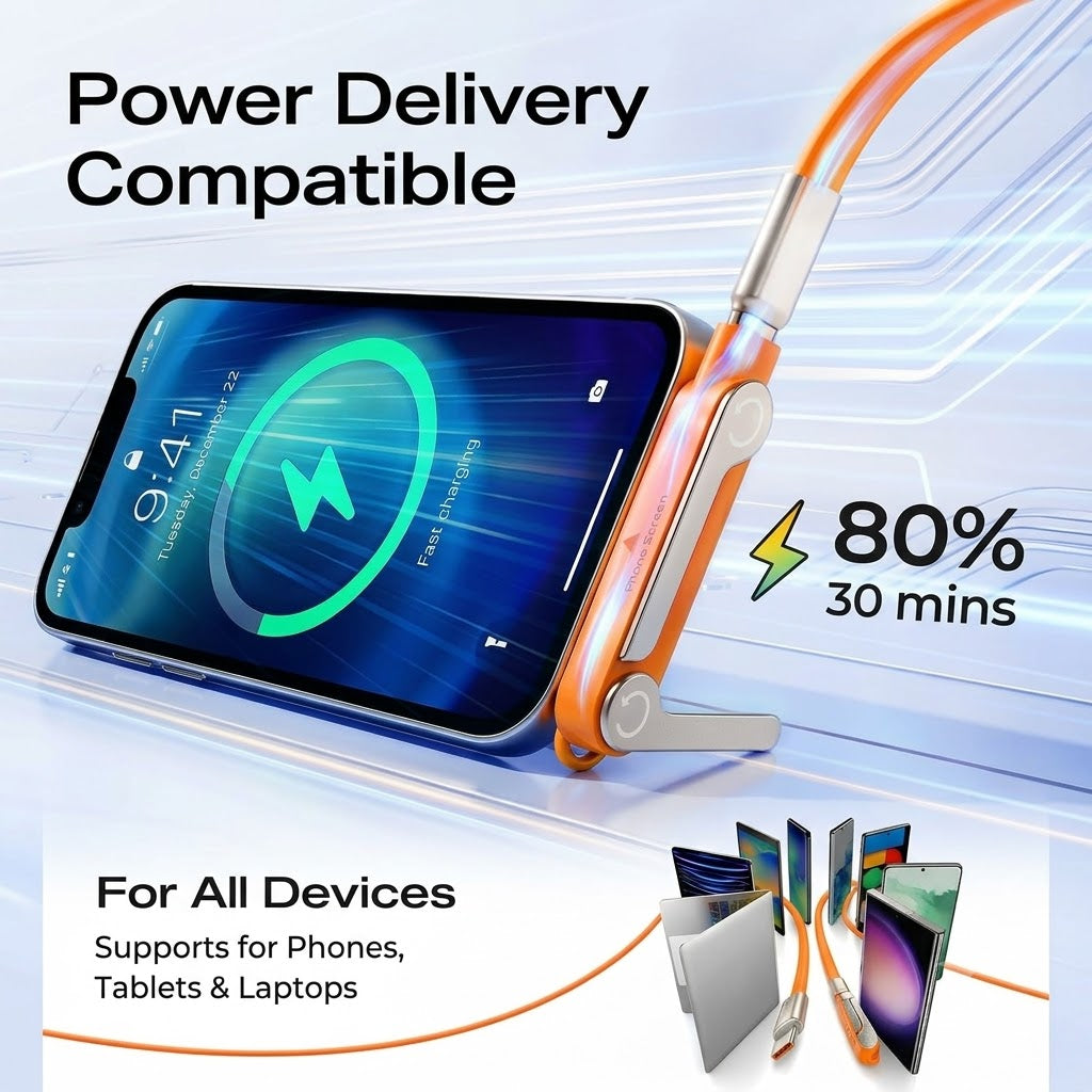 240W Ultra-Fast Charging 2-in-1 Cable | Detachable Foldable Stand | USB-C & Lightning Compatible