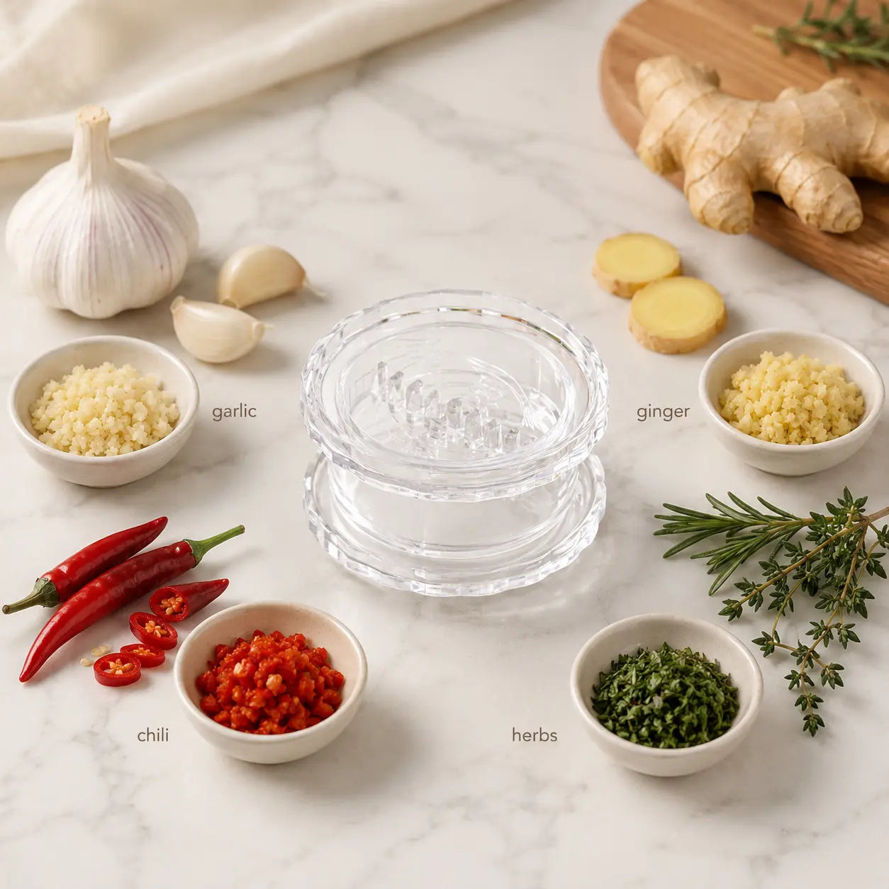 Manual Garlic Twister & Mincer, Compact Garlic Grinder for Garlic, Ginger, Onion, Herbs and Nuts, Clear Kitchen Prep Gadget